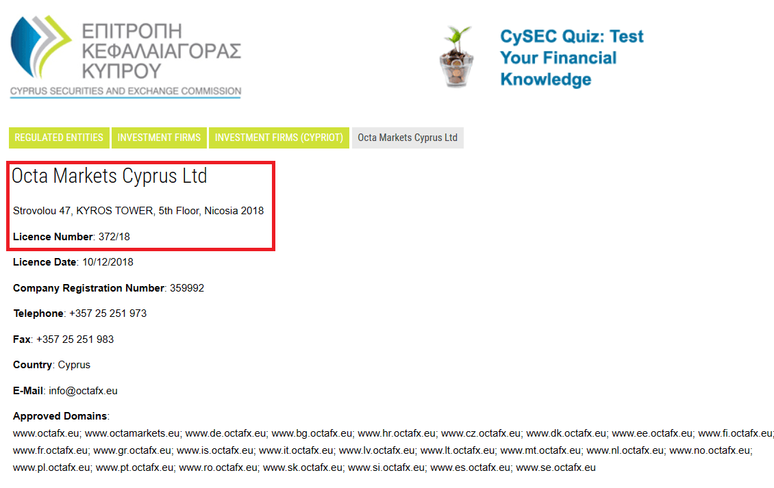 Chứng chỉ hoạt động CySEC sàn OctaFX