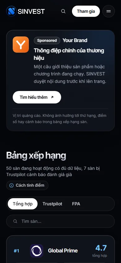 Thẻ Sponsored trên trang Xếp hạng sàn: Điện thoại