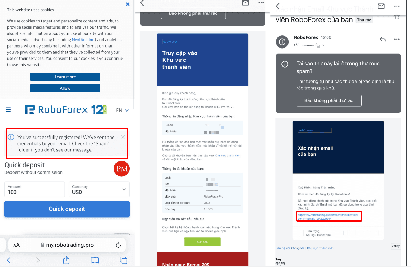 Check email và nhận thông tin đăng nhập